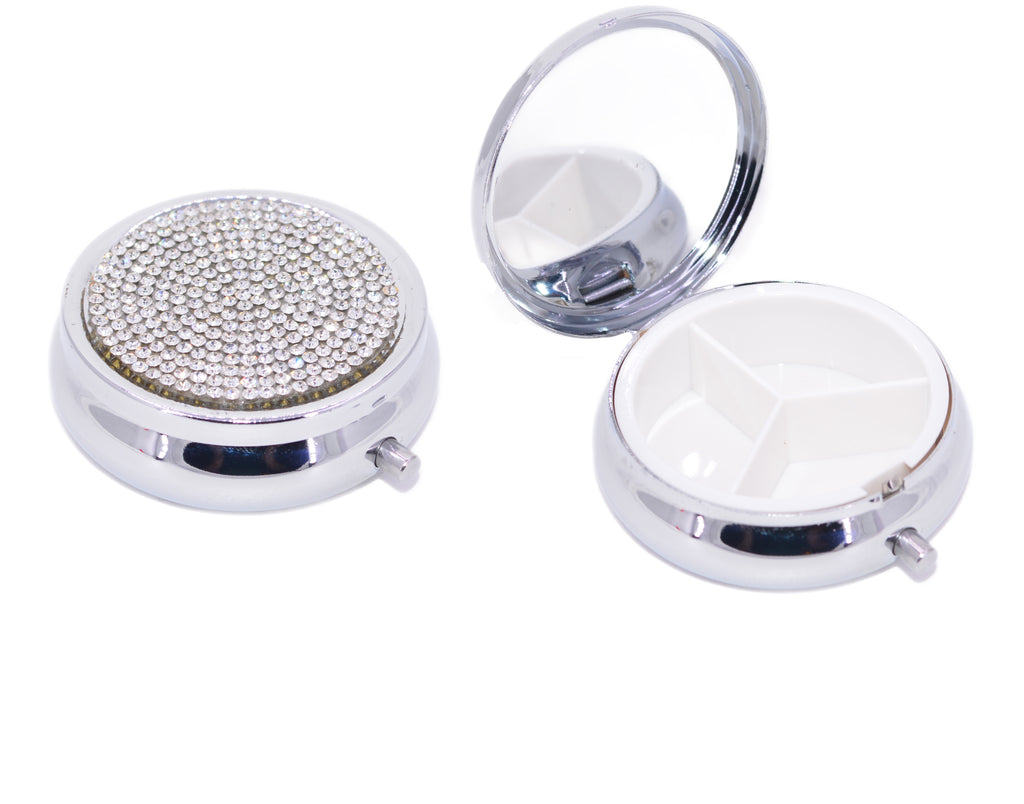 Bling Pill Box/Bedazzled Pill Container/Glam Pill Case with Crystal Rhinestones, Mirror, 3 slots (Set of 2)